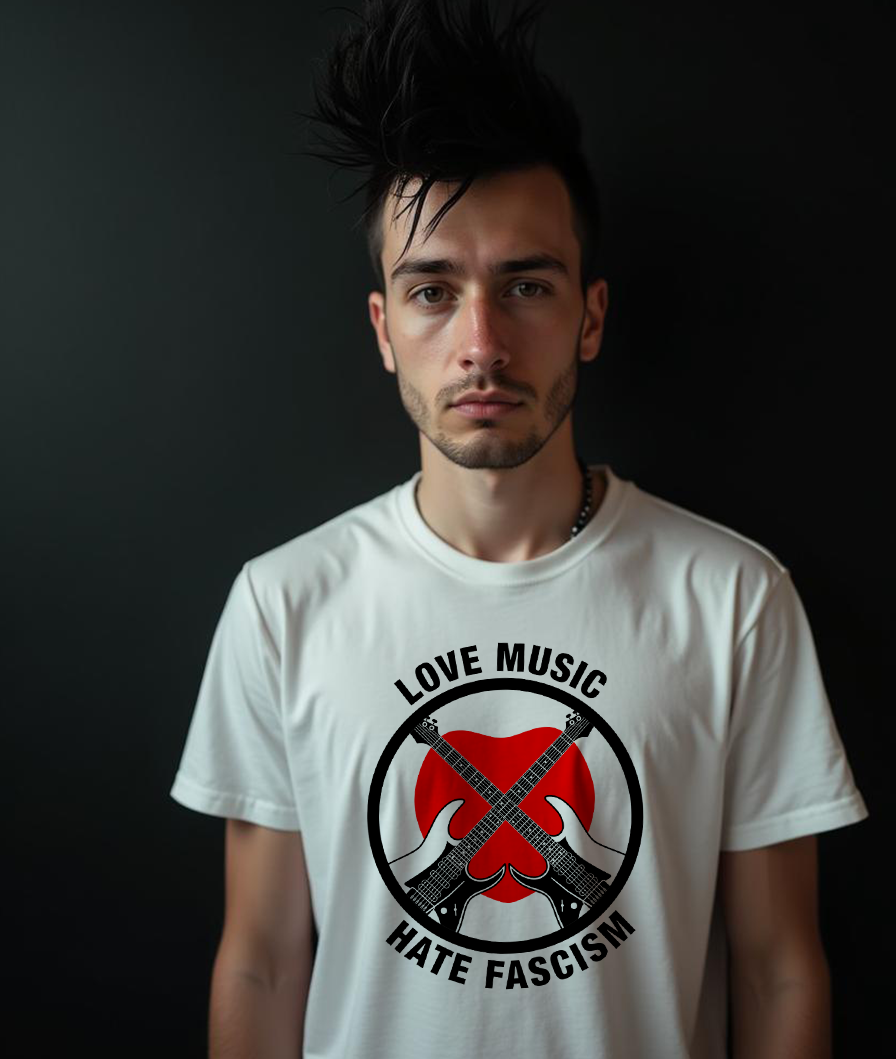 camiseta love music hate fascism